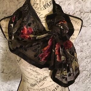 REDFish Design Burnout Black Velvet Scarf with Burgundy & Green Floral Details
